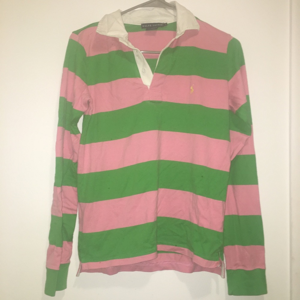 RALPH LAUREN POLO VINTAGE GREEN AND PINK SHIRT